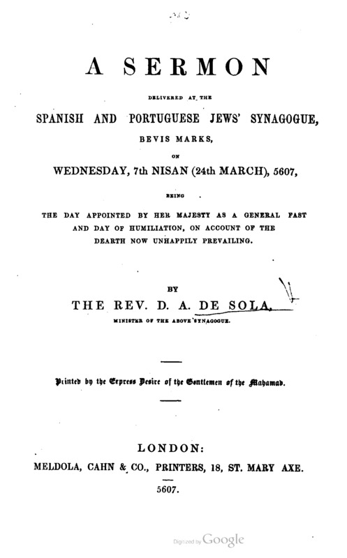 A Sermon Delivered at the Spanish and Portuguese Jews' Synagogue, Bevis Marks, on Wednesday, 7th Nisan (24th March), 5607